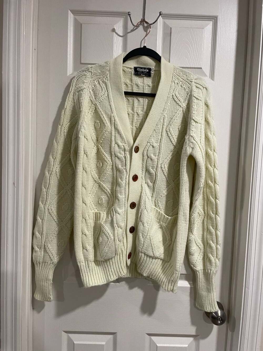 Vintage Gimbels Mens Store Cable Knit Cardigan Sweater Cream Size L